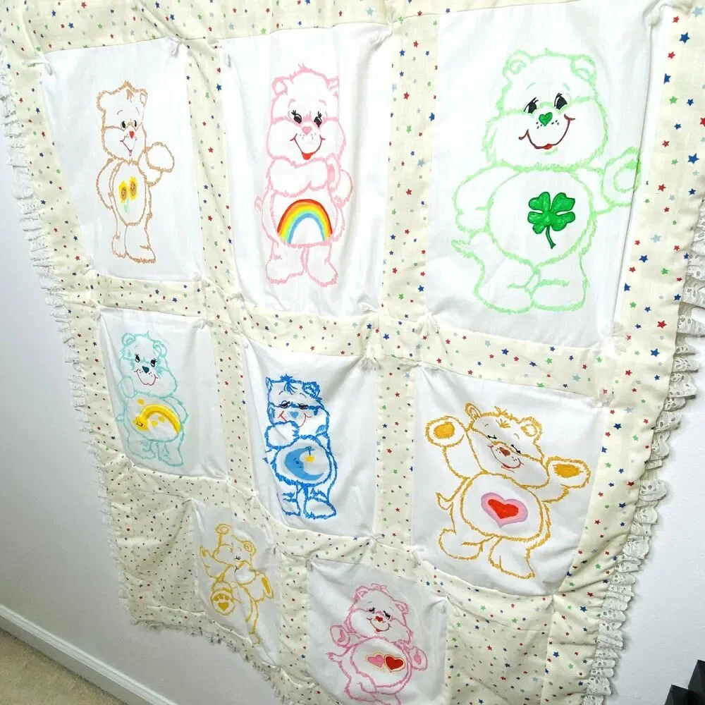VTG Handmade Off White Care Bear Lace Quilt Blanket Double Sided Kids 29